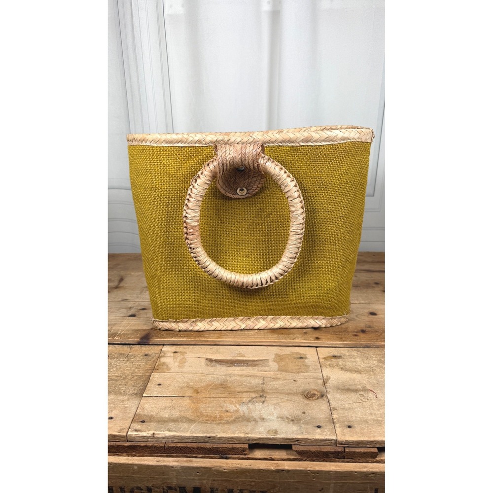 Retro Chartreuse Woven Straw & Burlap Basket Tote - Picture 4 of 15